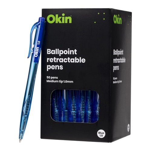 Okin Ballpoint Retractable Pens Blue, Pack of 50