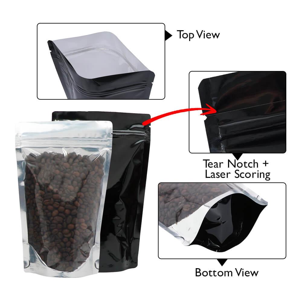 Stand Up Pouch Clear/Shiny Black 250g w Zip no Valve 160w x 230h x (45 + 45)g