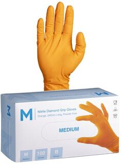 Nitrile Diamond Grip Gloves Powder Free - Orange, M, 240mm Cuff, 9.0g  - Matthews