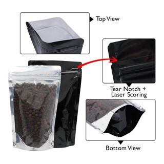Stand Up Pouch Clear/Shiny Black 500g w Zip no Valve 190w x 265h x (55 + 55g) Carton 500