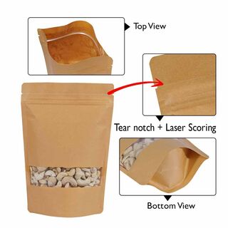 Stand Up Pouch 250g Brown Kraft Paper w Rectangle Window w Zip no Valve 160w x 230h x (45 + 45)g
