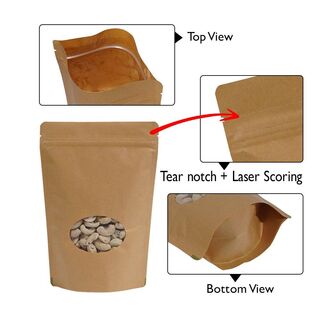 Stand Up Pouch 500g Brown Kraft Paper w Oval Window w Zip no Valve 190w x 265h x (55 + 55)g