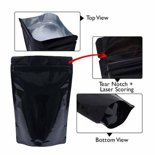 Stand Up Pouch 28g Shiny Black w Zip no Valve 80w x 130h x (25 + 25)g