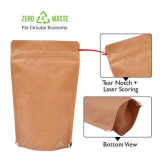 Stand up Pouch 500g Recyclable Brown Kraft Look w Zip no Valve 180w x 290h x (50 + 50)g